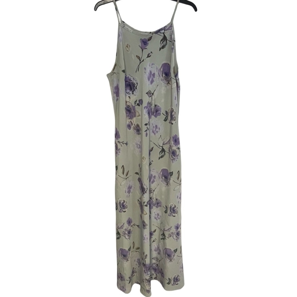 Vintage La Belle Fashions Floral Maxi Dress Purple Sage Green Made in USA SZ 13